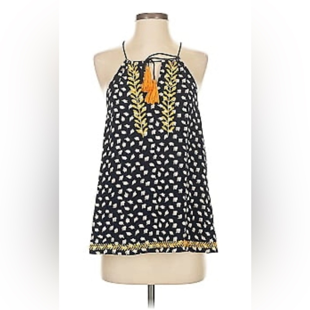 Navy Blue and Cream Patterned Sleeveless Top with Yellow Accents